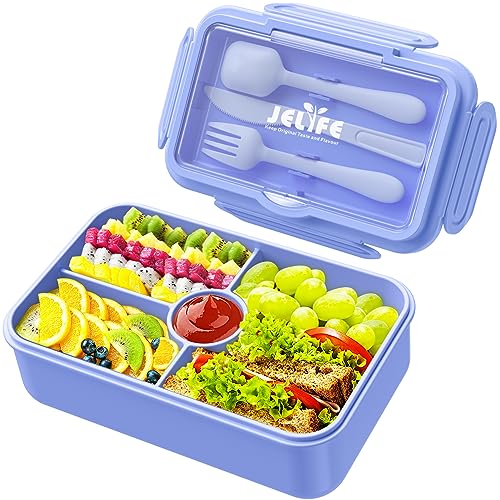 Jelife Bento Lunch Box for Kids - Large Bento-Style Leakproof Bento Boxes with 4 Compartments Lunchbox with Silverware for Kids Back to School, Reusable On-the-Go Meal and Snack Containers,Macaron - color: 1100ml-Macaron