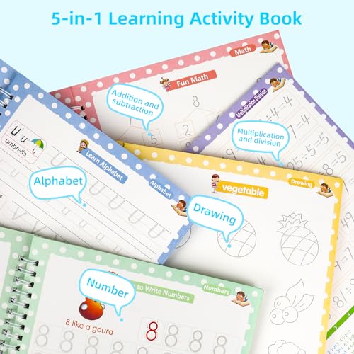 Reusable Grooved Handwriting Practice Workbooks for Kids Ages 3-8 – Magic Disappearing Ink & 3D Groove – Preschool Kindergarten Children Writing Books with Pen Grips