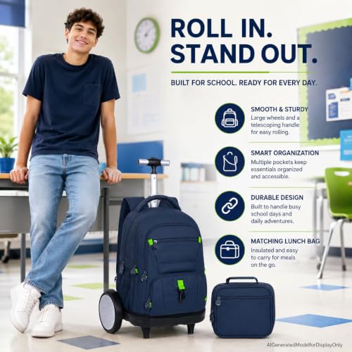 CCJPX 3Pcs Men & Boys Rolling Backpack with Bigger Wheels, Extra-Large Wheeled Bookbag with Lunch Box, Water Resistant Roller Luggage for Travel, Work, College (Blue) - color: Blue(upgrade Large Wheel)