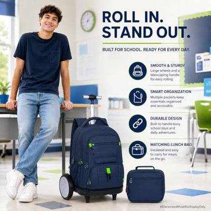 CCJPX 3Pcs Men & Boys Rolling Backpack with Bigger Wheels, Extra-Large Wheeled Bookbag with Lunch Box, Water Resistant Roller Luggage for Travel, Work, College (Blue) - color: Blue(upgrade Large Wheel)