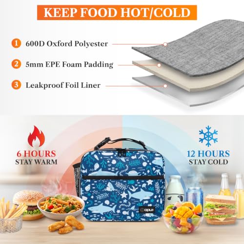 opux Insulated Lunch Bag for Kids, Reusable Lunch Box for School with Leakproof Lining, Compact Soft Cooler Tote for Boys & Girls, Front Pocket, Mesh Side Bottle Holder (Blue Shark) - color: Blue Shark