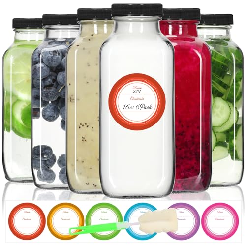 STARSIDE 16oz Glass Juice Bottles with Leak-proof Lids 6-Pack | Square Reusable Drinking Jars for Juicing, Milk, Kombucha - Includes 1 Bottle Brush, 6 Colored Labels - size: 16oz-6pcs