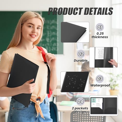 Gueevin 100 Pack Plastic Folder with Pockets, 2 Pocket Folders, Plastic Glossy Folders Fit Letter Size Paper, Heavy Duty Durable File Folder with Business Card for Home Office School (Black) - color: Black