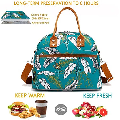 FlowFly Insulated Lunch Bag With Shoulder Strap for Women, Men, and Kids, Large and Reusable, Handle, Freezable Work and School Travel Tote and Meal Prep Organizer, leaves - color: Feather