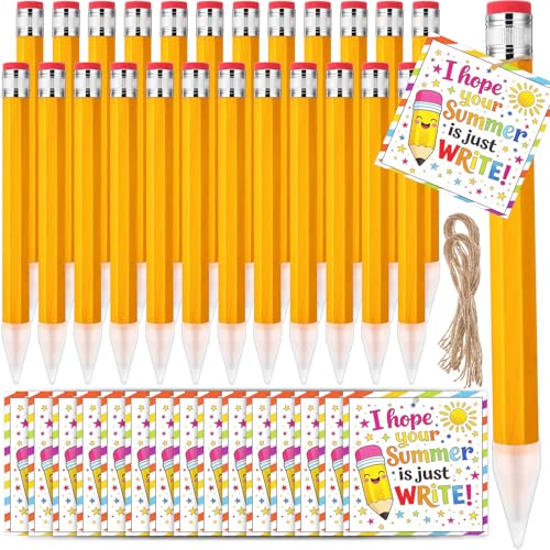 24 Sets End of the Year Student Gifts 13 Inch Big Wooden Jumbo Pencils Set of Giant Pencil Prop with Summer Greeting Card Large Pencils with Cap Preschool Kindergarten Graduation Gift