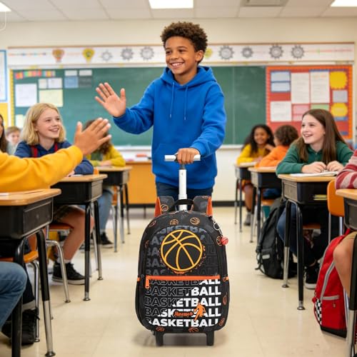 Kids Rolling Backpack for Boys 16.5" School Roller Backpack with Lunch Box, Toddler Backpacks with Wheels Rollig Wheeled Backpacks for Elementary School - color: Black Basketball