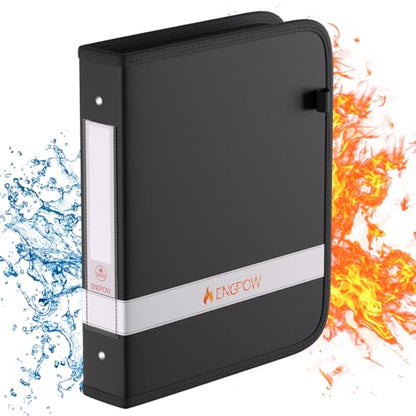 ENGPOW 3 Ring Binder,Fireproof 1.5 Inch D Ring Binder with Zipper,Holds 375 Sheets,Non-Stick,PVC-Free,Compatible with Clear Sheet Protectors,Portable School Office Home Safe Storage for Paper,Black - size: 1.5 inch