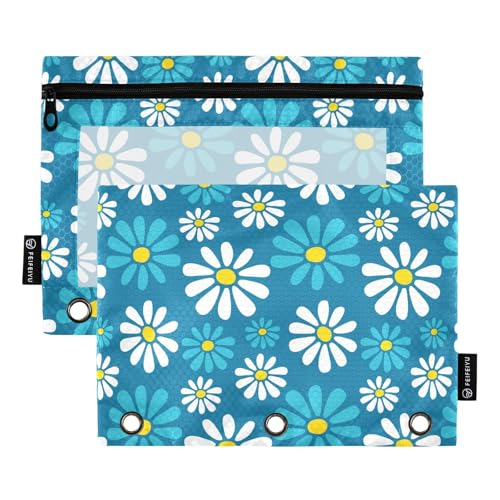 White Blue Daisy Flowers Pencil Pouch for 3 Ring Binder, Three Hole Pencil Case for Binder Bulk Pencil Bag with Clear Window and Zipper for Office School College, 2 Pack, 9.84*7.08in - color: Multicolor 23