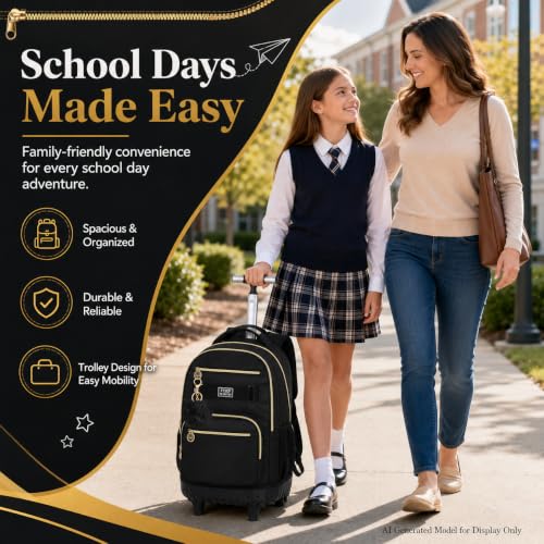 HPJGD 3PCS Rolling Backpack for Girls and Boys, Black School Backpacks with Wheels, Water Resistant Roller Wheeled Bookbag Set for Women Men - color: Classic Black Rolling Backpack Set