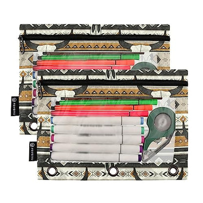 Fisyme Western Boho Bull Skulls Pencil Pouch for 3 Ring Binder Pencil Case Pencil Bag Zipper Pouch with Clear Window for Office Supplies 2 Pack - color: Multi-2