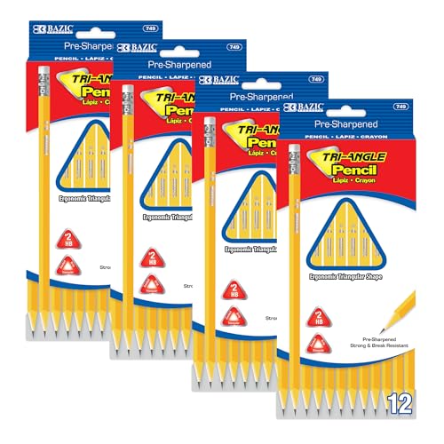 BAZIC PRODUCTS #2 Triangle Pre-Sharpened Yellow Pencils, 12 Count, 4-Pack | smooth HB lead, Triangular grip barrel, school, tests, handwriting practice, homework - size: 4-Pack