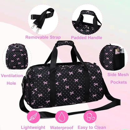 Dance Bag for Girls Ballet Duffle Gym Bag, Black Bow Print | Overnight Sleepover Bags, Sports Gym Bags, Shoe Compartment, Wet Pocket - color: Black Bow