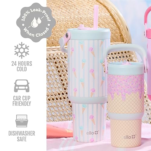 Ello Oasis Go 14oz Stainless Steel Kids Tumbler with Top Handle & Retracting Straw, 100% Leakproof, Double-Wall Vacuum Insulated, Kids Water Bottle for School, BPA Free, Dishwasher Safe, A La Mode - color: A La Mode, size: 14 Ounces