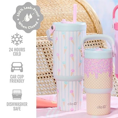 Ello Oasis Go 14oz Stainless Steel Kids Tumbler with Top Handle & Retracting Straw, 100% Leakproof, Double-Wall Vacuum Insulated, Kids Water Bottle for School, BPA Free, Dishwasher Safe, A La Mode - color: A La Mode, size: 14 Ounces
