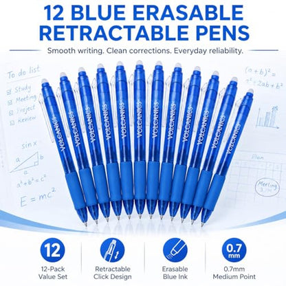 Volcanics Retractable Clicker Erasable Gel Pens - 0.7mm Ball Point, Heat Erase with Built-in Eraser, 12 Pack Blue - color: Blue