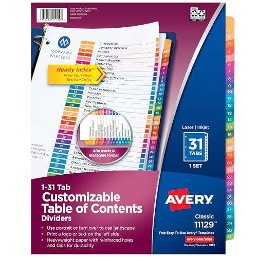Avery 1-31 Dividers for 3 Ring Binders, 31 Tabs per Set, Customizable Table of Contents, Multicolor Tabs, Great for Organizing Reports, Projects, and More (12 Sets of 11129) - style: 12 Sets