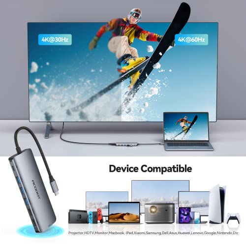 USB C Hub, 9-in-1 Multi-Port USB Adapter, 4K@60Hz HDMI, 100W Max PD, 3 USB3.0(5Gbps) + 2 USB2.0 Data Ports, SD/TF Card Reader for MacBook, iPad Pro, Dell, HP, Lenovo, Windows Laptop - color: Grey