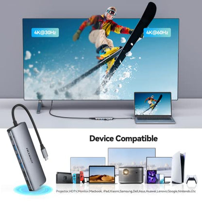 USB C Hub, 9-in-1 Multi-Port USB Adapter, 4K@60Hz HDMI, 100W Max PD, 3 USB3.0(5Gbps) + 2 USB2.0 Data Ports, SD/TF Card Reader for MacBook, iPad Pro, Dell, HP, Lenovo, Windows Laptop - color: Grey