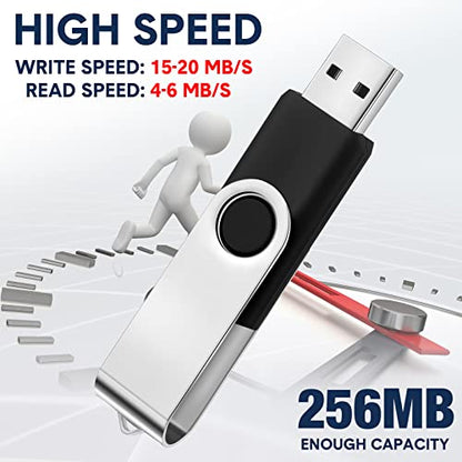 Aoriher 50 Pack USB 2.0 Flash Drives Bulk, Portable USB Thumb Drives with Lanyards, Swivel Flash Drives Thumb Drives for Office School Data Storage(Black,256mb) - size: 256MB