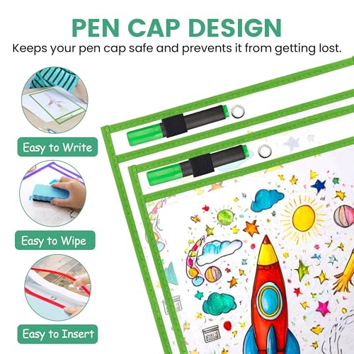 7-Pack Dry Erase Pockets – 10x14 Heavy Duty Sleeves with Cloth Binding – Fits 8.5x11 or 9x12 Worksheets – Includes 1 Ring and 1 Hook – Classroom and Office Use - style: MultiColor (7 Pack)