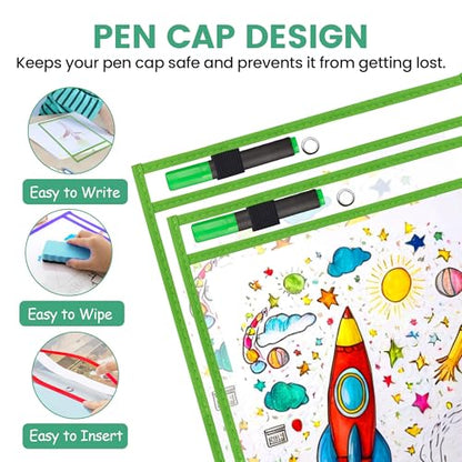7-Pack Dry Erase Pockets – 10x14 Heavy Duty Sleeves with Cloth Binding – Fits 8.5x11 or 9x12 Worksheets – Includes 1 Ring and 1 Hook – Classroom and Office Use - style: MultiColor (7 Pack)