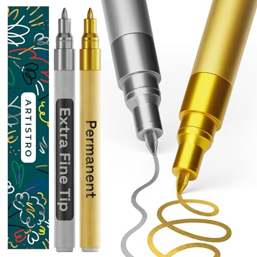 ARTISTRO 2 Gold & Silver Permanent Marker - Waterproof Markers for Tire, Fabric, Rocks, Glass, Ceramic, Wood, Paper - Oil Based Paint Pens - Extra-Fine Tip 0.7mm - color: Silver & Gold, style: Extra Fine Tip