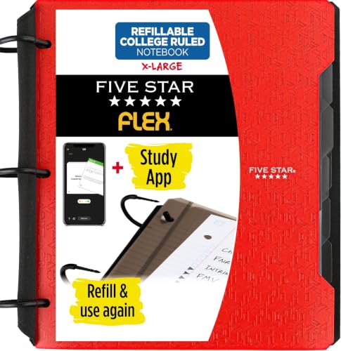 Five Star Flex Refillable Notebook + Study App, College Ruled Paper and 1-1/2 Inch TechLock Ring Binder with Pockets, Tabs and Dividers, 300 Sheet Capacity, Fire Red (29324AB2) (Pack of 6) - color: Fire Red, size: 6 Pack