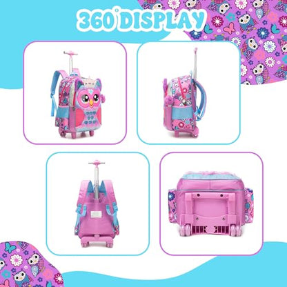 Meetbelify Backpack with Wheels for Girls Rolling Backpack Cute Carry on Backpack Kids Luggage with Lunch Box Pencil Case for Elementary Student - color: Owl