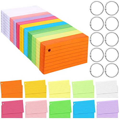 Patelai 1500 Pcs Index Cards Flash Cards with Rings 2 x 3.5 Inch Lined Notecards with 8 Pcs Metal Rings for Studying Learning Memory Office School Supplies(Mixed Color)
