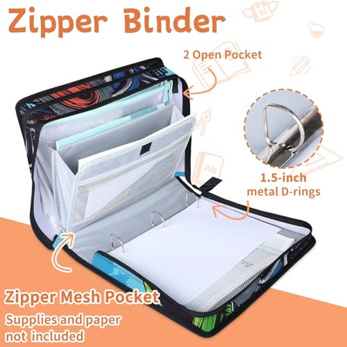 Custom Zipper Binder Green Monster Truck 3 Ring Binder 1.5 Inch Expanding Pockets File Folder Large Capacity Document Organizer Bag with Handle and Strap - color: Multi 4