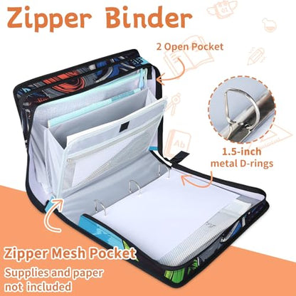 Custom Zipper Binder Green Monster Truck 3 Ring Binder 1.5 Inch Expanding Pockets File Folder Large Capacity Document Organizer Bag with Handle and Strap - color: Multi 4