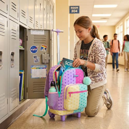 Girls Rolling Backpack with Lunch Box School Backpacks with Wheels 16.5" Roller Backpack for Girls, 3pcs Kids Wheeled Bookbag for Elementary School - color: Duoseaixin