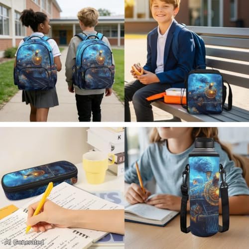 Blue Train Backpack for Boys 8-12 Girls Kids Backpack and Lunch Box Set for Elementary Preschool Student with Zipper Pencil Case Water Bottle Sleeve Lightweight Bookbags School Supplies - color: Blue Train