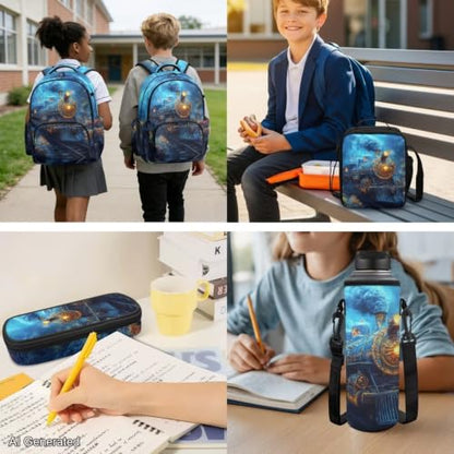 Blue Train Backpack for Boys 8-12 Girls Kids Backpack and Lunch Box Set for Elementary Preschool Student with Zipper Pencil Case Water Bottle Sleeve Lightweight Bookbags School Supplies - color: Blue Train