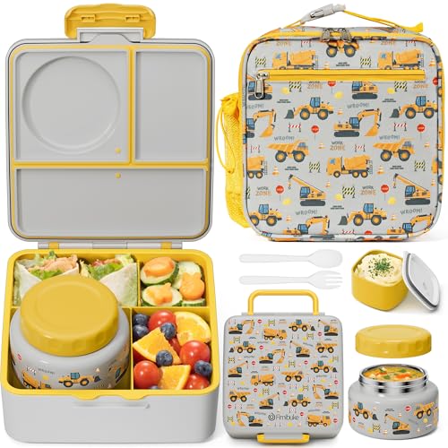 Fimibuke Bento lunch Box Set for Kids Adult with 8oz Insulated Food Jar, Lunch Bag & Sauce Cup, Leakproof Dishwasher Safe Toddler Lunch Food Container with 3-4 Compartment for School Girls Boys - color: A7.Engineering Trucks