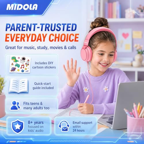 MIDOLA Kids Headphones for School Learning,Volume Limited 85/94dB, Foldable Lightweight Over-Ear Wired Headphones for Kids Toddler Girls Boys 3.5mm for Pad,Headsets with Built-in Mic Pink - color: Pink