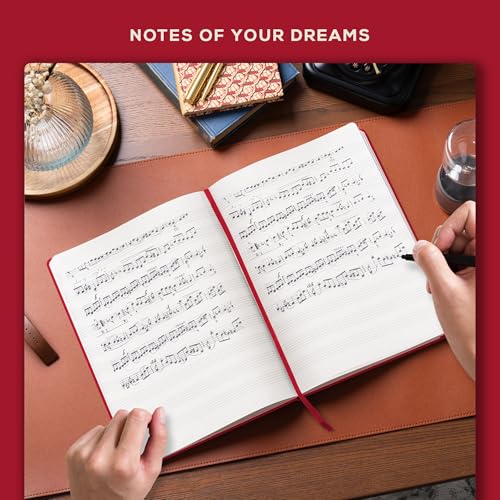 Beechmore Books Blank Sheet Music Notebook – A4 8.5"x11.5" for Songwriters, Musicians & Composers, 156 Thick 120gsm Pages, 10-Staff Perforated Sheets, Vegan Leather Hardcover, Elastic Closure, Gift Box - color: Scarlet Red
