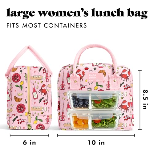 Fit & Fresh Bloomington Lunch Bag for Women - Insulated Large Lunch Box for Work with Containers, Leak-Resistant, Stain-Resistant, Zipper Closure, Pink Pasta Dinner - color: Pink Pasta Dinner