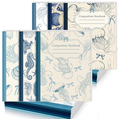 AmazingSpark Blue 6 Pack Composition Notebooks College Ruled Bulk Retro Sea Bow Blue Pink Composition Notebook for Back to School 110 Page 7-1/2"x9-3/4" Jellyfish Journal for First Day of School - color: Blue
