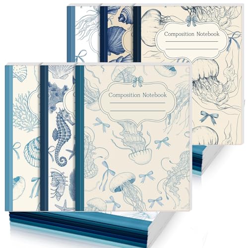 AmazingSpark Blue 6 Pack Composition Notebooks College Ruled Bulk Retro Sea Bow Blue Pink Composition Notebook for Back to School 110 Page 7-1/2"x9-3/4" Jellyfish Journal for First Day of School - color: Blue