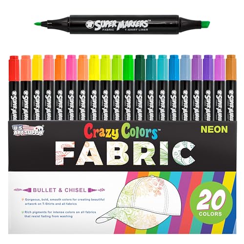 U.S. Art Supply Super Markers 20 Neon Dual Tip Fabric Markers - Fine & Chisel Point Pens Fabric Marker Permanent for Clothes, T-Shirts - Permanent Ink Eye-Catching Ultra-Bright Neon Colors - style: 20-Color Neon Set