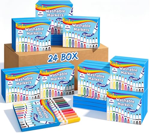 Washable Markers Bulk (288 Count, 24 Box), Broad Line Markers for Kids with Conical Tip, Assorted Colors, Drawing Essentials for School Classroom, Student Must Have for Coloring, Art Craft Supplies