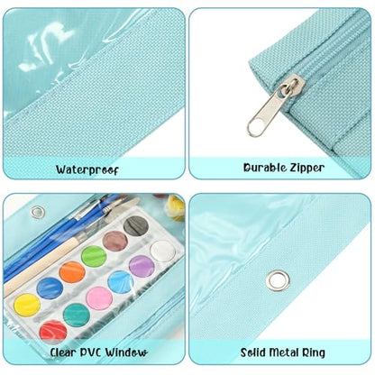 Marspark 30 Packs Pencil Pouch 3 Ring Binder Pen Pouch Cloth Pencil Pouches Zipper Pen Case Bag with Clear Window for School Office Writing Supplies Gifts(Sky Blue) - color: Sky Blue
