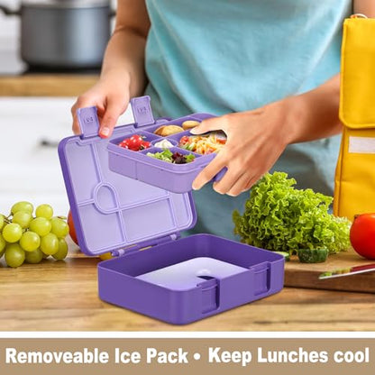 JOOPETALK Chill Bento Lunch Box for Kids Adult with Ice Pack,6-Compartment Reusable Leak-proof Lunch Container for Girls Boys to School,Keep Food Cold&Fresh,Dishwasher & Freezer Safe - color: Purple