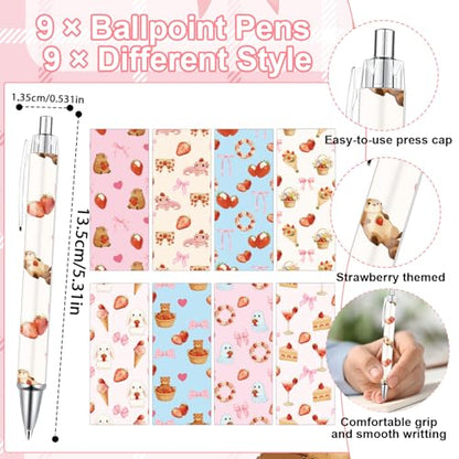 Wxiben Strawberry Sticky Notes with Pens - 18 Pcs Bow Ballpoint Pens Bear Axolotl Rabbit Notepads Set Cake Cocktail Notes Black Ink Pen Gifts for Women Study Office School Supplies Party Favors - color: Strawberry