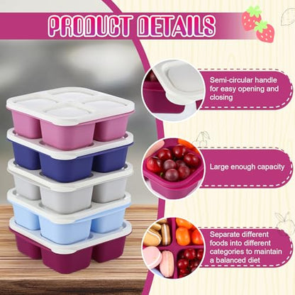 Honeydak 5 Pack Snack Containers 4 Compartment Bento Snack Boxes Reusable Lunchable Containers with Lids Divided Meal Prep Lunch Food Storage Box for School Work Travel(Elderberry,Equal) - color: Elderberry, style: Equal