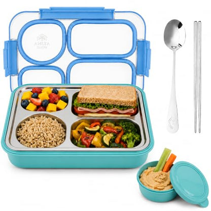 Large 10 x 7.5" Stainless Steel Bento Lunch Box with 4 Compartments Leakproof Lid BPA-Free 304 Stainless Steel Food Container That Keeps Food Separate for Adults and Kids School Office and Travel,Blue - color: Blue