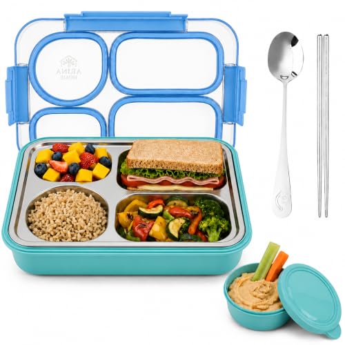 Large 10 x 7.5" Stainless Steel Bento Lunch Box with 4 Compartments Leakproof Lid BPA-Free 304 Stainless Steel Food Container That Keeps Food Separate for Adults and Kids School Office and Travel,Blue - color: Blue