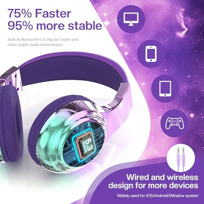 QearFun Kids Bluetooth Headphones, 60H Playtime, 74/85/94dB Safe Volume Limit, Metallic Gradient Wireless Headset with HD Mic, Fast Charging, Foldable, Wired 3.5mm Mode for School/Tablet/Travel - color: Purple