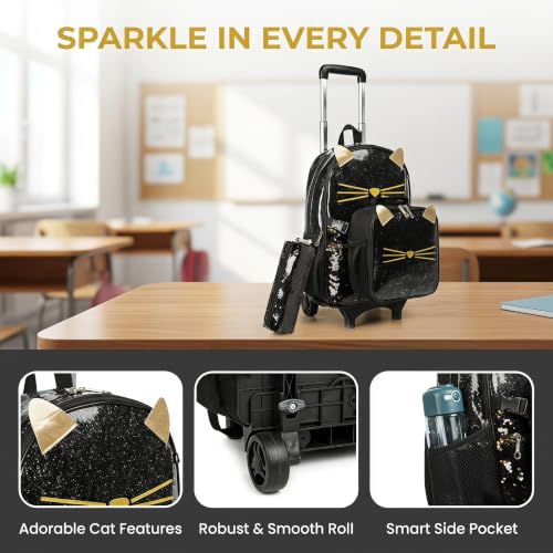 Cat School Bags Kids Rolling Backpack for Girls Luggage Kids Suitcase With Wheels Trolley Wheeled Backpacks Travel Bags 3PCS Lunch Box Pencil Case Backpacks for Girl‘s Black - color: Black-220223-l